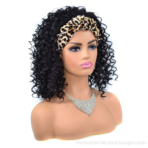 Wholesale Ombre Turban Wig Afro Wig Short With leopard band Kinky Curly Synthetic Wig With Headband Attached For Black Women
